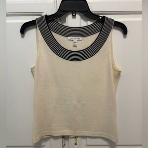St. John Black Stripe Neck Ivory Knit Sleeveless Top Gold Bar Logo Size 4P